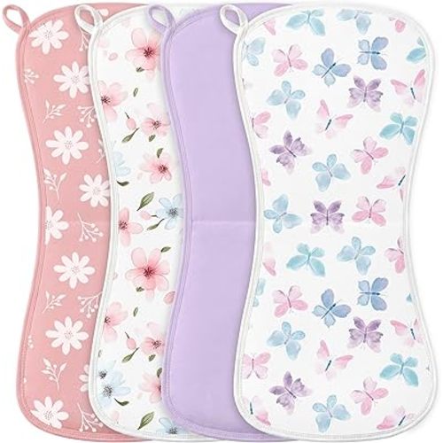 Burp Cloths Baby Girl, Large 21'' X 10'' Cotton Burping Cloths for Babies, Ultra Soft and Absorbent Burp Rags, 4 Pack Set Washcloths Newborn Spit Up Rags Purple Butterfly