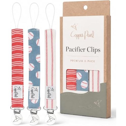 Copper Pearl Pacifier Clip 3-Pack - Stylish Stainless Steel Pacifier Holder Clip for Baby Girls and Boys - Baby Pacifier Clips for No More Floor Drops - Slugger