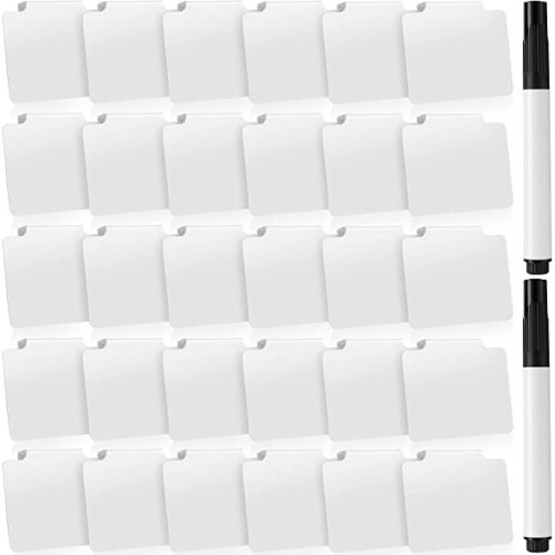 32 Pieces Basket Labels Clip Set, Include 30 Pieces Kitchen Clip Label Holder Removable PVC Bin with 2 Pieces Chalk Marker for Basket Pantry Organization Box (White, Black Pen) - White Label Clip, Black Pen