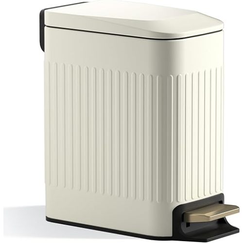 Small Bathroom Trash Can with Lid Soft Close-6L/1.6 Gal Slim Step Garbage Can-Metal Pedal Wastebasket-Narrow Rectangle Garbage Container Bin for Corner Office, Bedroom, Toilet, Live Room-Beige