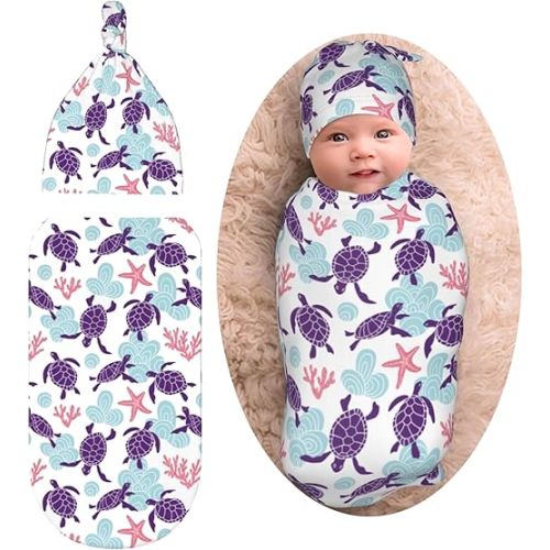 Sea Turtle Ocean Coastal Newborn Swaddle Blankets Baby Stuff Soft Swaddle Sack Swaddling Blanket with Beanie Sets Gifts for Infant Boys Girls