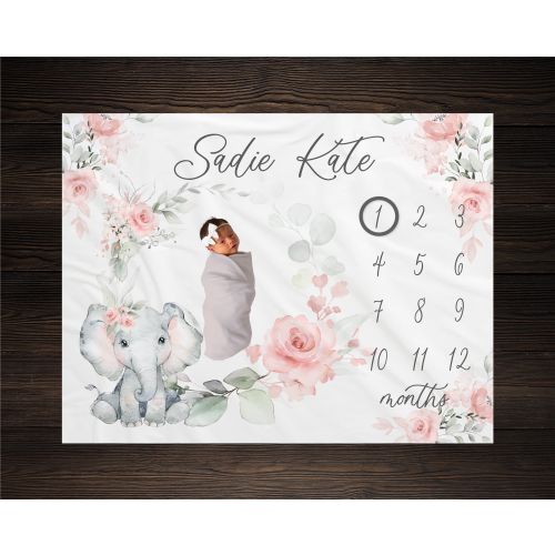 Elephant Milestone Blanket, Baby Month Blanket, Baby Girl Milestone Blanket Track Growth Keepsake Baby Shower Gift Rose Floral Blanket, GM01