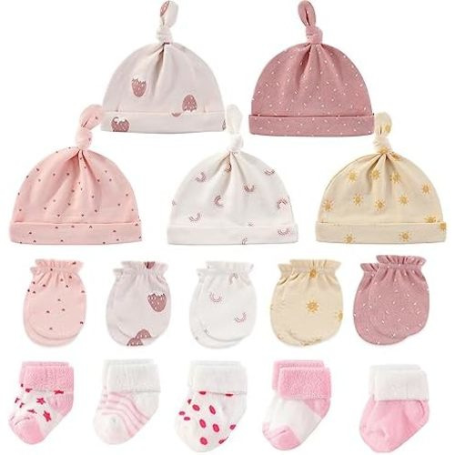 Baby Caps Mittens and Thick Warm Socks Cotton Newborn Essentials Accessories (Hats+Gloves+Terry Socks),0-6 Months