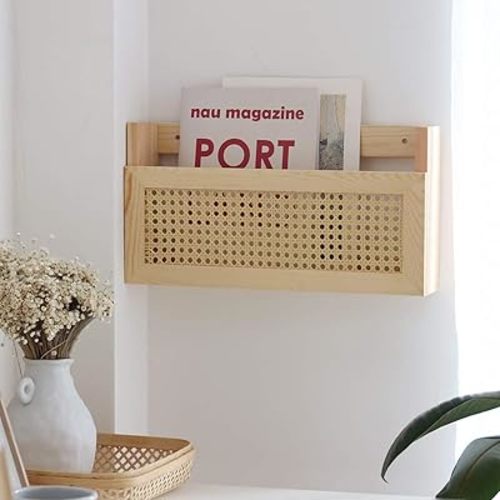 FIRADE Wood Magazine Wall Rack with PE Rattan Grid,Size 17.3" x 4" x 9.4",File Holder for Entryway,Living Room,Waiting Room,Kids’ Room,Office