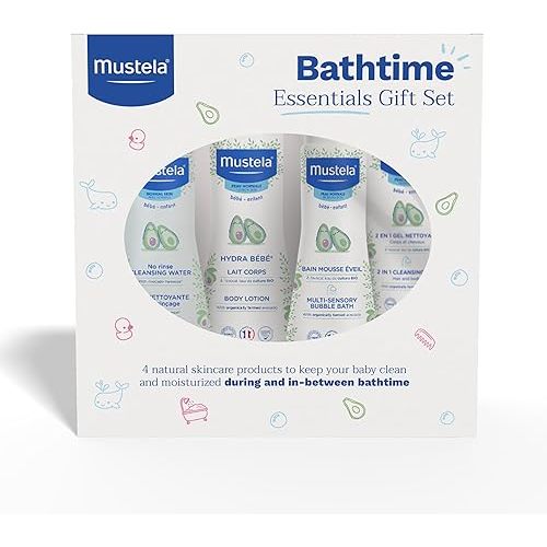Mustela Baby Bath Time Essentials Gift Set - Natural & Plant-Based Baby Skin Care - 4 Items Set