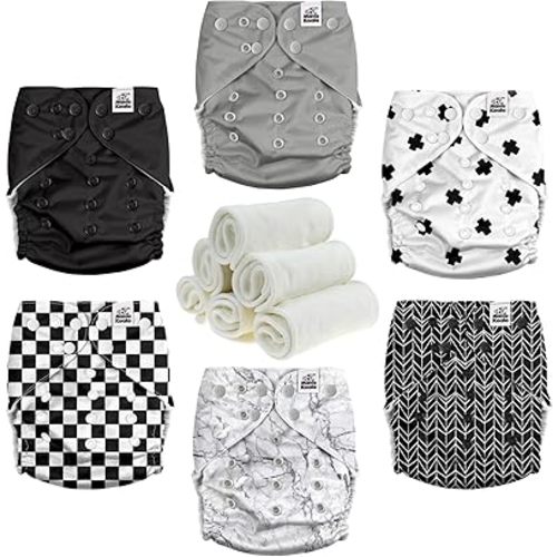 Mama Koala 3.0 Cloth Diapers for Babies with Suede Lining, 6 Pack with 6 Natural Cloth Diaper Inserts - Reusable and Washable Pocket Diapers (S-B&W)