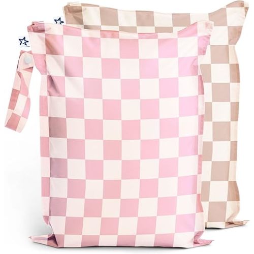 Tiny Twinkle Mess-proof Wet Bags 2 Pack Waterproof and Washable Bag for Travel storage, Stroller, Daycare, Baby Diapers, Yoga, Beach, Pool, Wet Toddler Swimsuits (Pink, Brown Checkers)