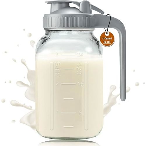 Glass Pitchers with Lid and Handle, 32oz Breast Milk Pitcher, 1 Quart Wide Mouth Mason Jar, Leak-proof Glass Water Pitcher, Creamer Container for Cold Brew, Sun Tea, Juice, Iced Coffee-Gray/1 Pack