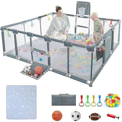 Baby playpen, 79"x71"Baby Playpen with Mat Indoor&Outdoor Playpen for Babies and Toddlers with Breathable Play Pen with Ocean Balls Hanging Pocket Basketball Hoop and Football Goal