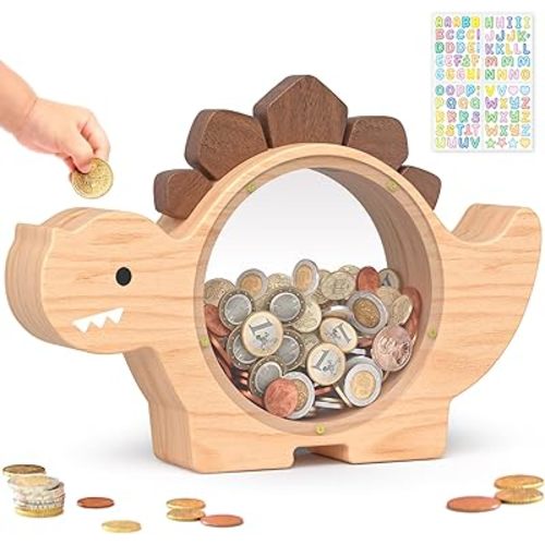 Summidate Wooden Dinosaur Piggy Bank for Kids, Cute Toddler Piggy Bank for Boys, Unbreakable Wood Dino Coin Money Bank,Creative Saving Money Jar Personalized Gifts for Birthday & Decor(Patent Pending)