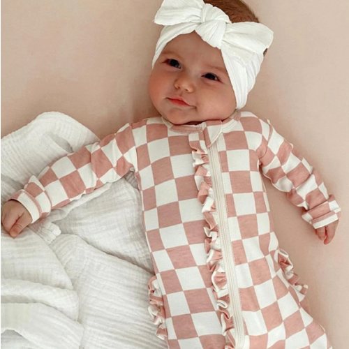 Strawberry Shortcake Checkerboard / Organic Frill Zip Footie – SpearmintLOVE