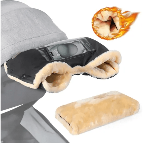 Orzbow Faux Sheepskin Gloves for Stroller with Phone Pockets, Winter Extra Thick Mittens for Baby Stroller, Cozy & Warm, Anti-freeze Hand Muff Easily Attaches to Stroller for Parents Caregivers, Black