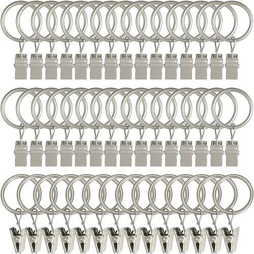 44 Pack Curtain Rings with Clips, Curtain Clip Rings Hooks, Bow Hanger Clips for Hanging Drapery Drapes Bows, Ring 1 inch Interior Diameter, Fits up to 5/8" Rod, Matte Silver