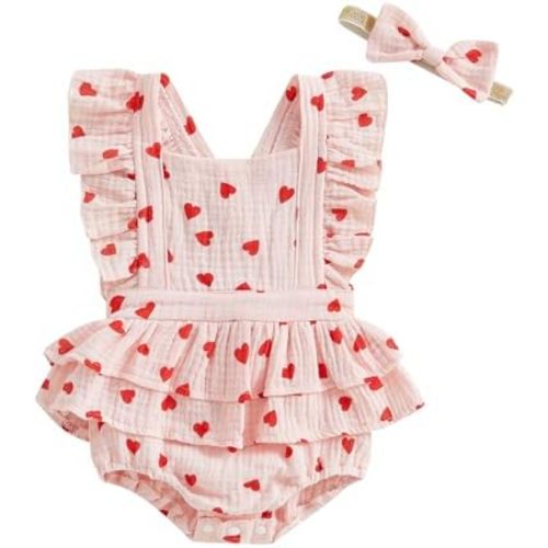 Baby Girls Flutter Sleeve Ruffles Layered Romper Dress Cute Patterns Printed Holiday Outfit with Headband