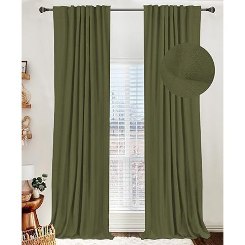 100% Blackout Shield Linen Blackout Curtains for Bedroom 90 Inches Long,Back Tab/Rod Pocket Living Room Drapes,Thermal Insulated Textured Blackout Curtains 2 Panels Set,50" W x 90" L,Olive Green - 50''W x 90''L