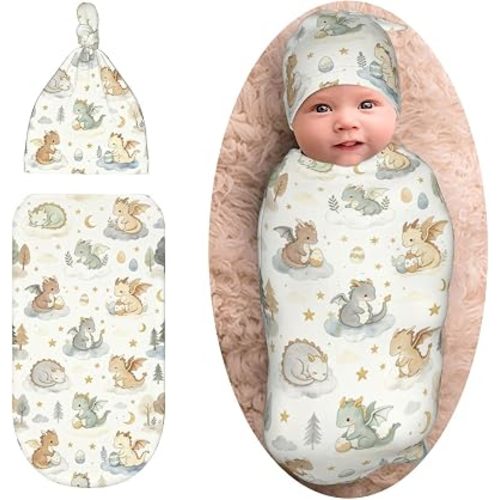 Cute Dragon Swaddle Blanket with Beanie Set, Newborn Dragon Themed Baby Blanket Infant Shower Gift for Boys Girls