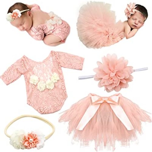 SPOKKI 4 PCS Newborn Photography Props Outfits-BabyTutu Skirt Cute Bow Headdress and Lace Rompers Flower Headband Sets for Infants Girl Boy