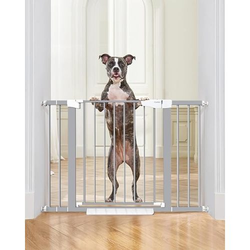 Cumbor 29.7-46" Baby Gate for Stairs, Gifts for Mom-Auto Close Dog Gate for The House, Easy Install Pressure Mounted Pet Gates for Doorways, Easy Walk Thru Wide Safety Gate for Dog, Gray