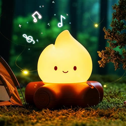 Campfire Night Light, 5 White Noise Mode, Cute Bonfire Gifts, Silicone Night Light with Candle Mode, Rechargeable Bedroom Decor, Gift for Children, Teens, Adults, Halloween, Christmas & Birthdays
