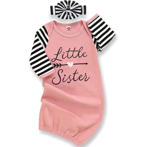 AMAWMW Newborn Baby Girl Little Sister Sleeper Gown Stripe Long Sleeve Nightgown Pajamas Gifts Stuff Essential Outfit