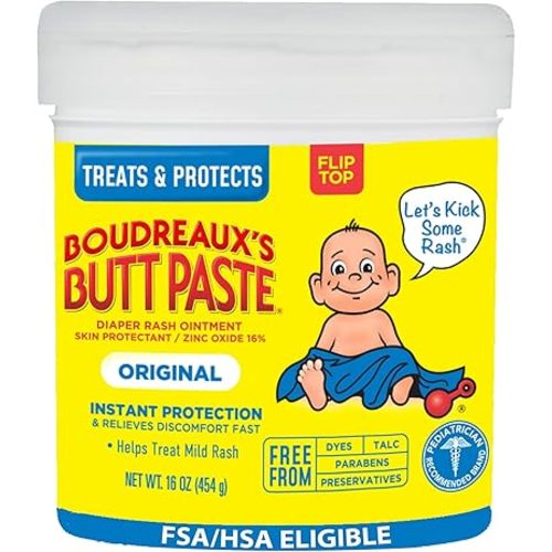 Boudreaux’s Butt Paste Original Diaper Rash Cream for Baby, Ointment With Zinc Oxide, 16 oz Jar