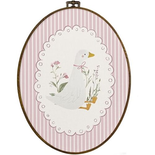 dvhdajed Goose Oval Wall Art Decor, Goose Nursery Room Decor,Cute Gooses Framed Canvas Art,Pink Coquette Girl Nursery Wall Hanging Decoration for Bedroom Living Room Bathroom Nursery,8.7x11.3 In