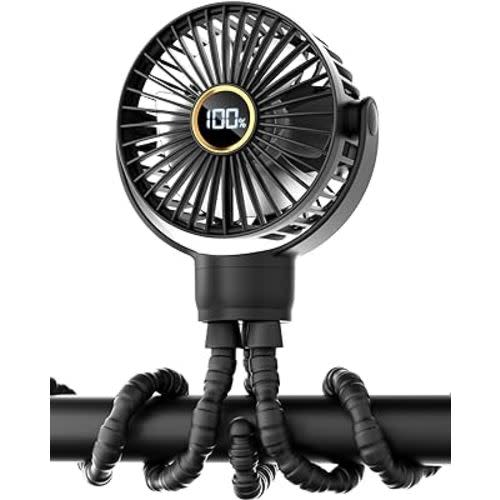 3.5" Battery Powered Baby Stroller Cooling Fan, 3-Speed Rechargebale Tripod Fan with 360 Degree Rotation, Quiet Portable Fan with LED Display, Great for Car Seat, Crib, Bike, Treadmill, Black