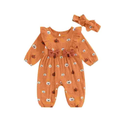 Halloween Newborn Baby Girl Outfits Ruffle Pumpkin Long Sleeve Romper Jumpsuit with Headband Set Waffle Fall Clothes 0-12M