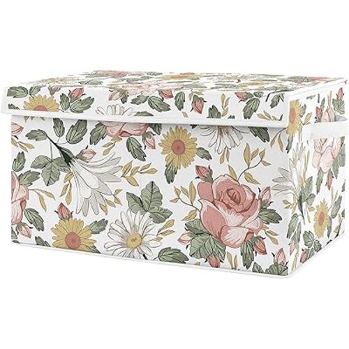 Sweet Jojo Designs Vintage Floral Boho Girl Small Fabric Toy Bin Storage Box Chest For Baby Nursery or Kids Room - Blush Pink, Yellow and Green Shabby Chic Rose Flower Farmhouse