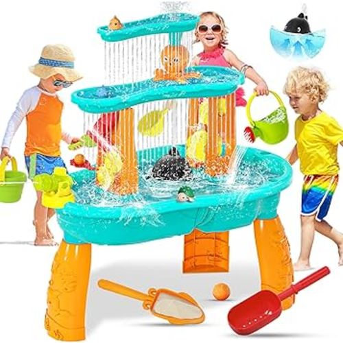 Upgraded Toddler Water Table, 3-Tier Outdoor Kids Activity Table with Water Pump & Water Toy Accessories, Rain Showers Splash Pond Outside Water Play Toys Sand Sensory Table for Boys Girls Age 3+