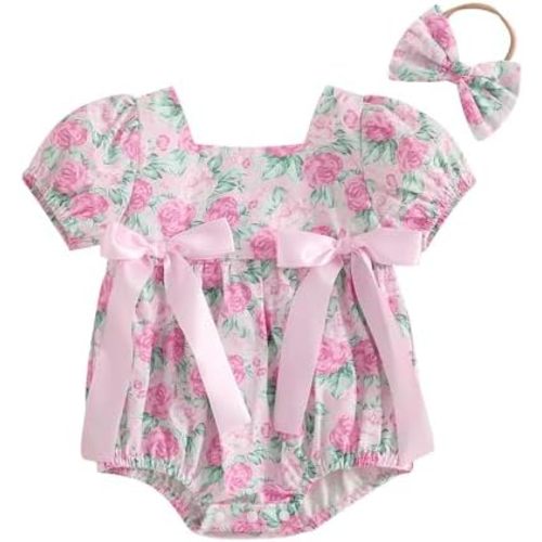 Bagilaanoe Summer Outfit Infant Baby Girl Clothes Ribbon Floral Short Sleeve Romper Bodysuit Jumpsuit Headband Set