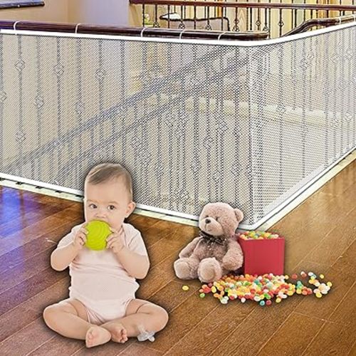 JIFTOK Baby Gate for Stairs, Banister Guard for Kids, Pets, Toys, 10ft L x 2.66 ft H, Mesh Netting Safety Net for Balcony Rail Stair, Stairway Net Baby Safety Products for Indoor & Outdoor (White)