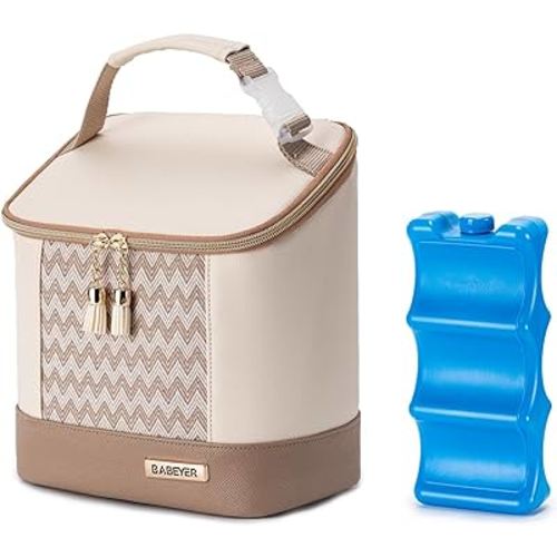 Breastmilk Cooler Bag with Ice Pack for 3 Baby Bottles Up to 9 Oz, Vegan Leather Breastmilk Pump Bag Bottles Cooler Bag for Moms Travel, Cream