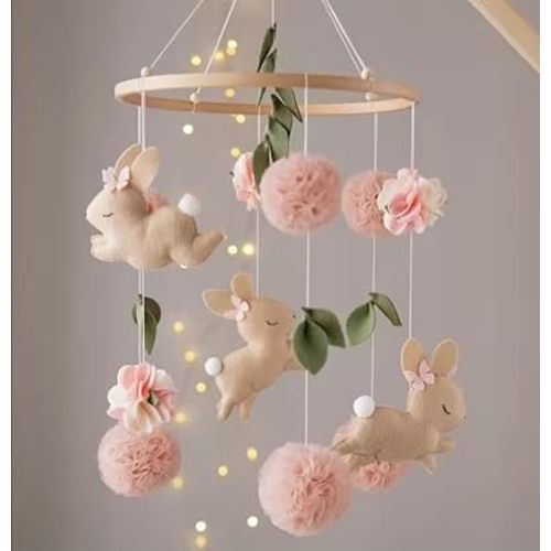 Nursery Mobile with Bunnies, Pink Tulle Pompoms and Leaves, Baby Room Decor, Baby Shower Gift
