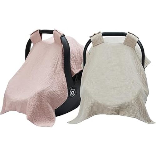 Meracorallo Muslin Baby Car Seat Covers, 2 Pack 100% Organic Cotton Infant Carrier Cover, Lightweight Breathable Soft Carseat Canopy for Baby Boys and Girls (Pink+Beige)