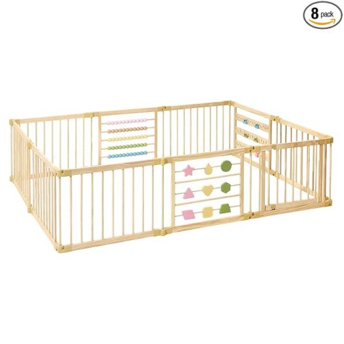 ZETY Natural Wood Baby Playpen – 8 or 10 Panel Foldable Play Yard with Door Panel and Built-in Toys, CPC Certified & SGS Tested