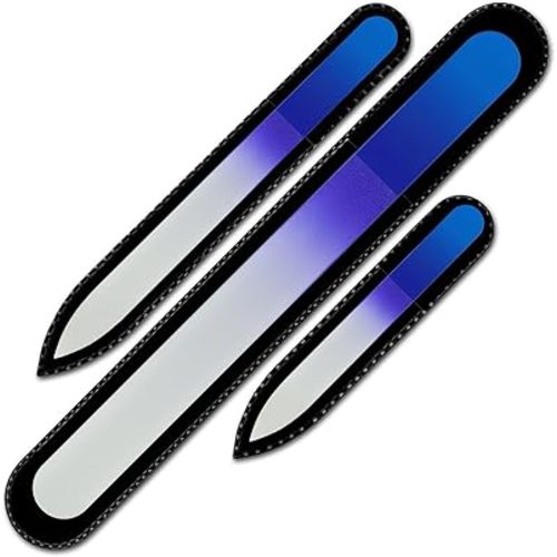 Glass Nail File - Mont Bleu Premium Set of 3 Crystal Nail Files in Pouch - Handmade Gifts - Best Glass Nail Files for Natural Nails - Washable Double Sided Nail File - Etched Nail Files