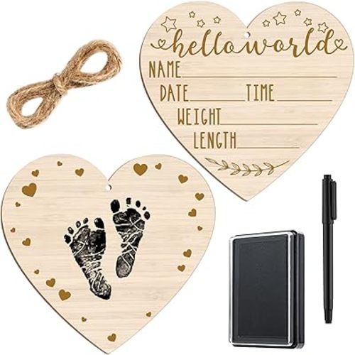 Thyle Baby Announcement Wooden Name Sign for Hospital Birth Double Sided Newborn Welcome Sign with Marker Pen and Ink Pad for Baby Shower Hand Footprints(Heart)
