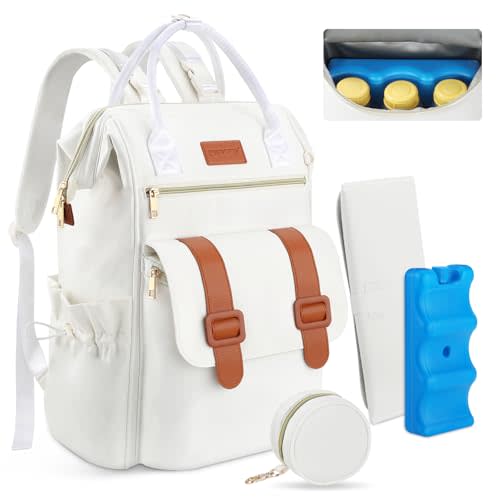 PIIOSER Diaper Bag Backpack with Ice Pack, Large Capacity & Waterproof Convertible Diaper Bag Tote for Moms Dads, Insulated Baby Tote Bag with Changing Pad, Stroller Straps & Pacifier Case, Cream