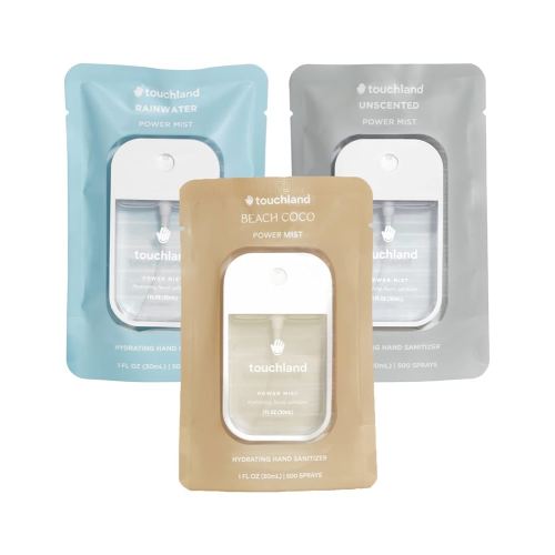 Touchland Power Mist Hydrating Hand Sanitizer Spray, DYE FREE Trio Set (Rainwater, Unscented, Beach Coco), 1 FL. OZ. Travel Size (Set of 3)