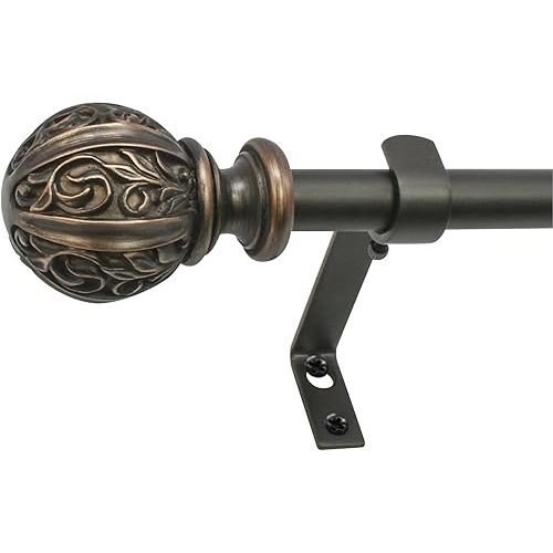 Decopolitan Leaf Ball 5/8" Curtain Rod Set, 86 to 128 Inches, 47"L x 3"W, Vintage Bronze