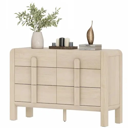 WAMPAT 47.2“ Wide Baby Dresser for Bedroom, Modern 6 Drawer Double Dresser with Deep Drawers, Wood Chest of Drawers with Curved Handle for Kids Room, Nursery, Light Oak