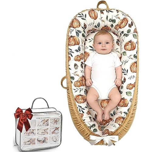 Baby Lounger-Breathable and Soft Organic 100% Cotton, Portable Infant Lounger with Removable Lounger Cover, Baby nest Lounger for Newborn - Punpkin