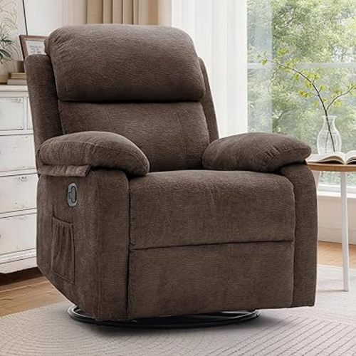 Recliner Chair, 360 Swivel Rocker Chair for Adults, Small Rocking Recliner Chair for Small Spaces, Upholstered Chenille Fabric Glider Recliner Nursery Chair with Side Pockets for Living Room