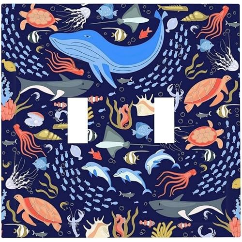 Cartoon Pattern Underwater World Double Toggle Light Switch Covers Decorative 2 Gang Wall Plate Whale Shark Turtle Sea Animals Electrical Dual Device Switchplate Faceplate for Children's Rooms Decor