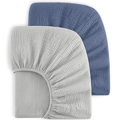 Bearmoss Muslin Crib Sheets 100% Cotton Baby Crib Sheets Fitted for Standard Crib Mattress & Toddler Bed Mattress 52"x28" Soft Breathable Crib Sheet Neutral for Boys Girls - 2 Pack (Blue Elephant)