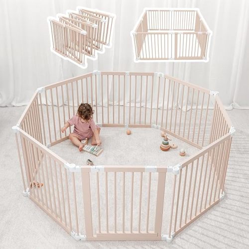Baby Playpen & Baby Gate for Toddler and Babies, Foldable Wooden Large Shape & Size Adjustable Playard, Play Fence with Locking Gate Activity Center, Toddler Fence Play Area, Blush by Comfy Cubs