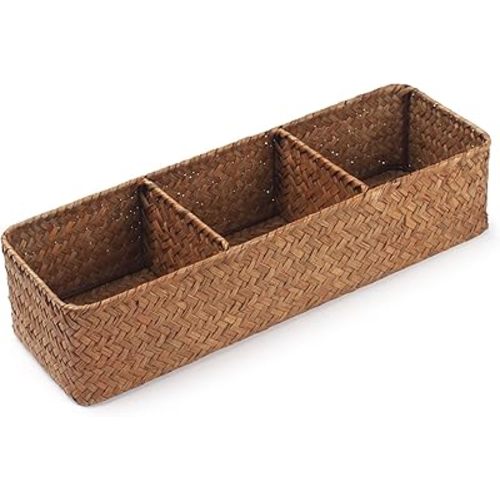Seagrass Storage Basket 3 Sections Woven Shelf Baskets with Compartment (Natural, 14.6inch x 4.7inch x 3.1inch)