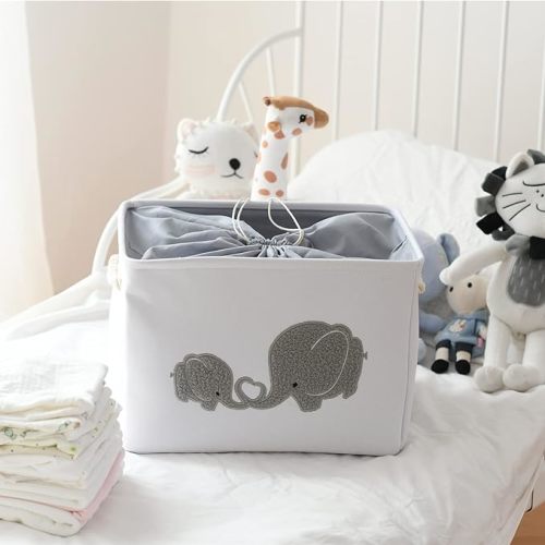 INough Baby Gift Baskets Empty Large Storage Container Fabric Toys Basket, Elephant Toy Box with Drawstring Closure for Wipes and Diapers, Nursery Organizers Kidsroom Room, Grey Furry Elephant