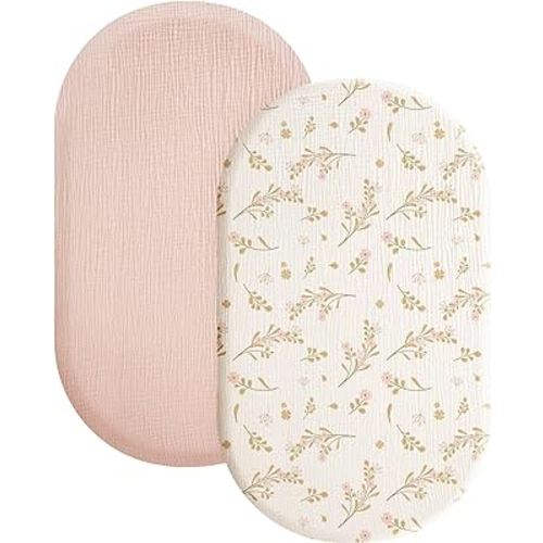 Amazon.com: Konssy 2 Pack Muslin Fitted Bassinet Sheets for Baby Girl Boy, Soft Breathable Baby Bassinet Sheets Fit for Baby Bassinets, Cradle, Moses Basket Oval Rectangle Pad/Mattress (Pink, Floral) : Baby